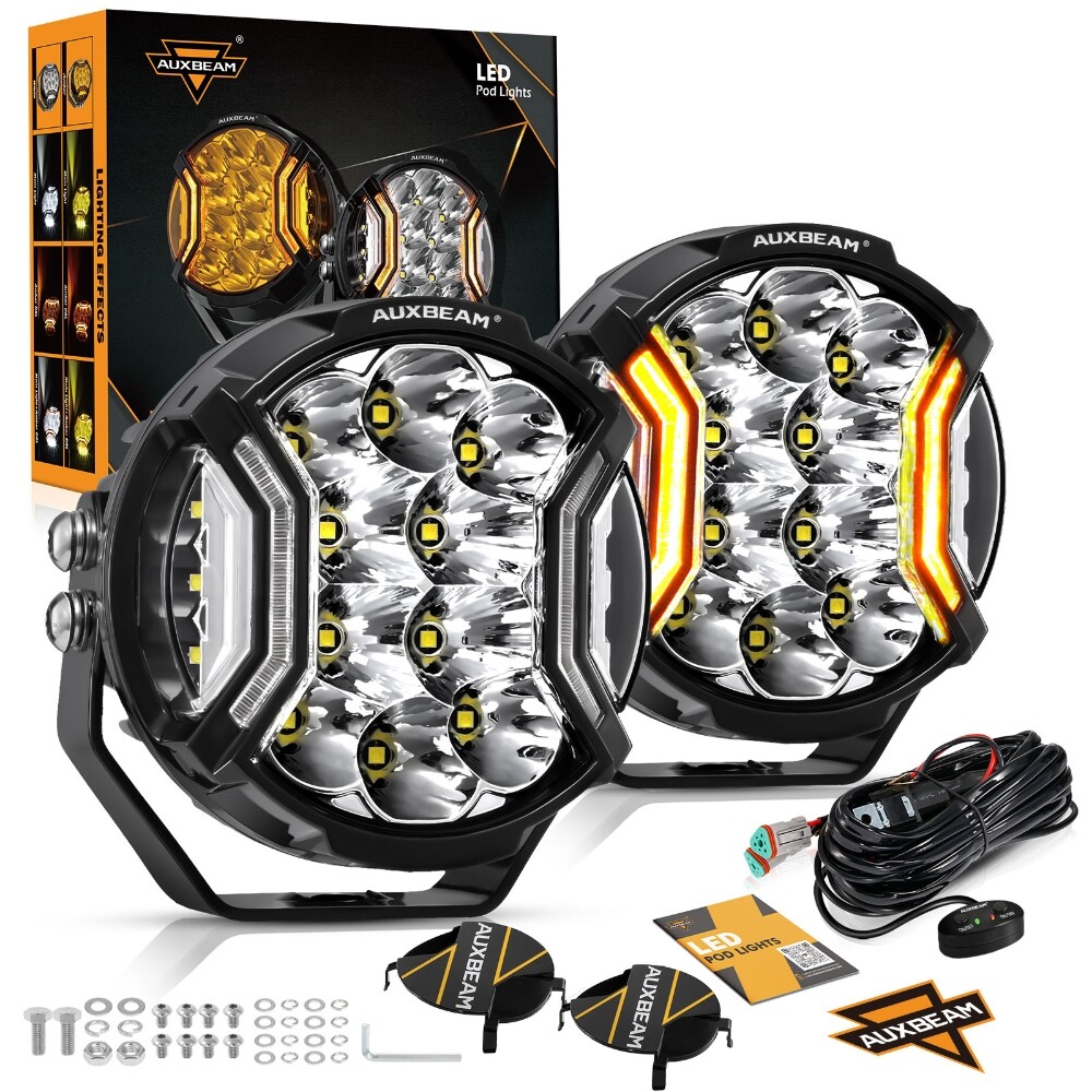 AUXBEAM 5″ Inch 20400LM 172W LED Pods Side Shooter White Pod Lights W/ Amber DRL
