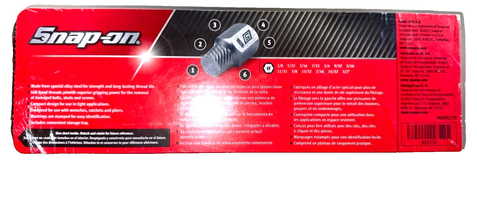 New Snap-on™ 1/8″ – 1/2″ REX13C 13-pc Multi Spline Screw Extractor Set