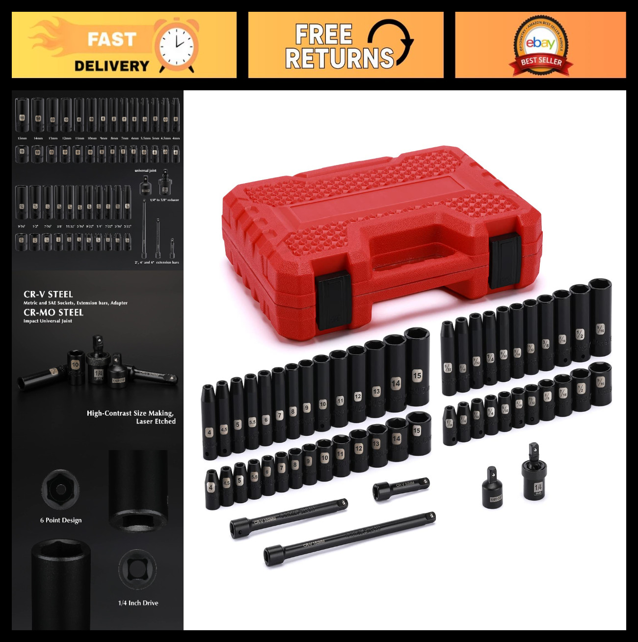 55PCS 1/4″ Drive Impact Socket Set – Deep & Shallow, CR-V, SAE/Metric, 6 Point