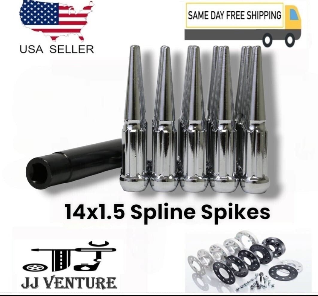 32Pc Chrome 4.5″ Spline 14×1.5 Spike Lug Nut+Key Fit Suburban Silverado2500/3500