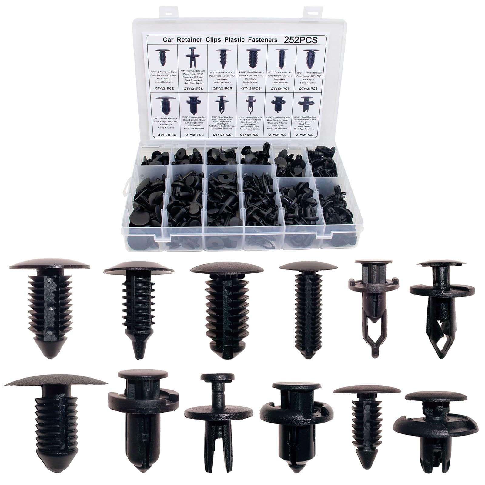 252PCS Bumper Retainer Clips Car Plastic Rivets Fasteners Push 252Pcs, Black