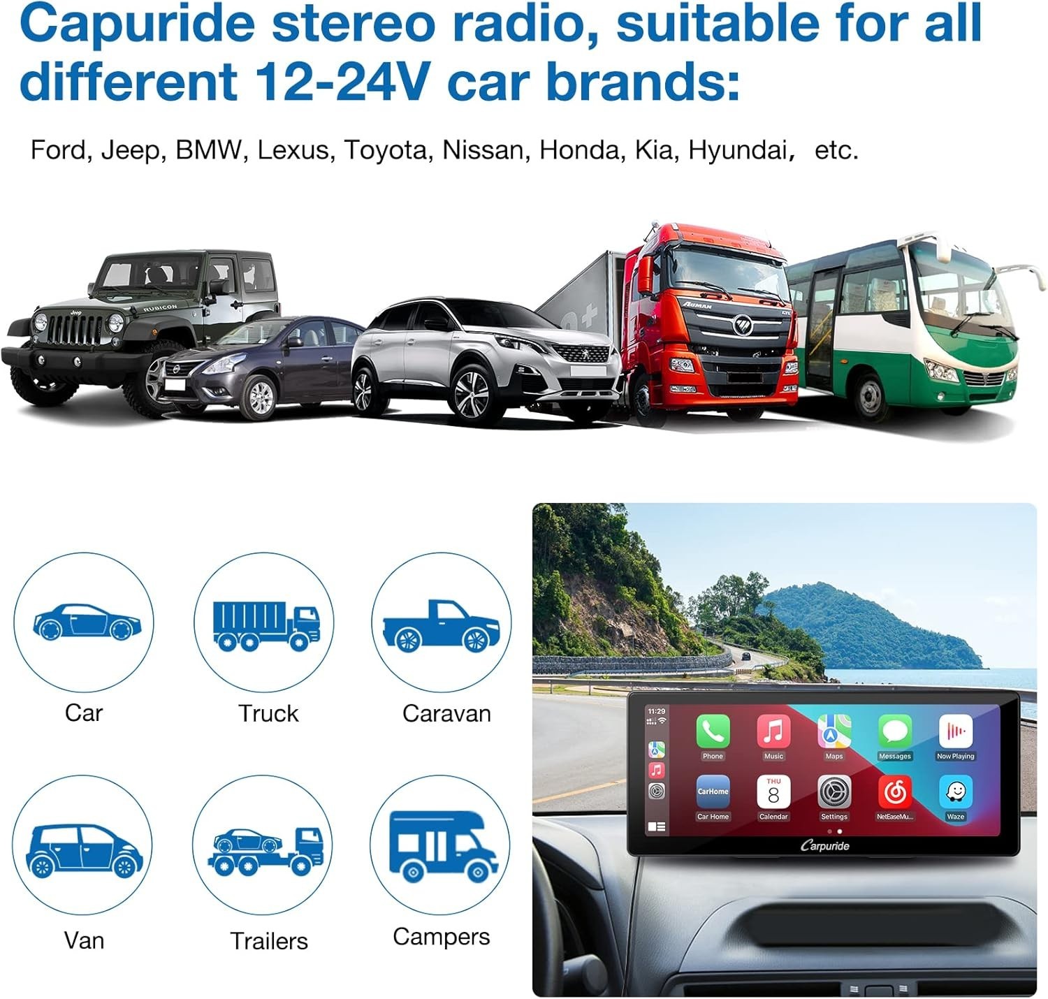 Carpuride 10.3” IPS Touch Screen Wireless Carplay Android Auto Car Radio Receive