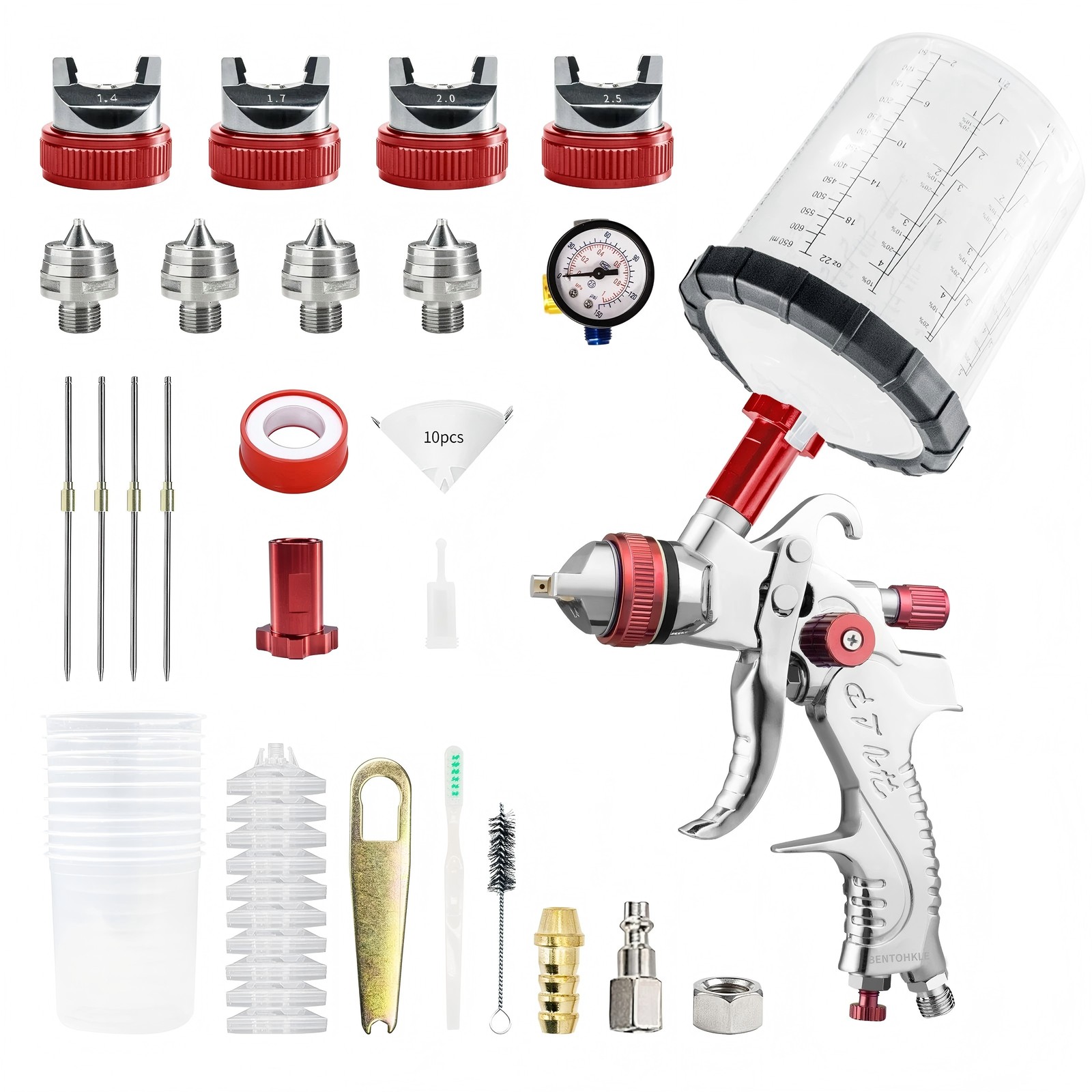 HVLP Air Spray Paint Gun1.4/1.7/2.0/2.5mm w/10*650CC Cups, for Car Painting
