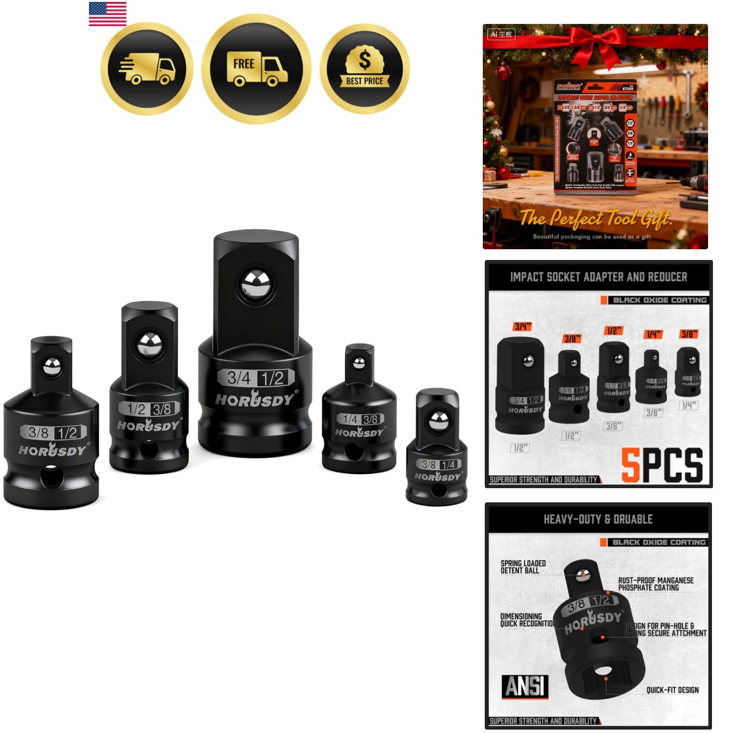 5-Piece Impact Socket Adapter and Reducer Set, 1/4-Inch Hex Shank Socket to D…