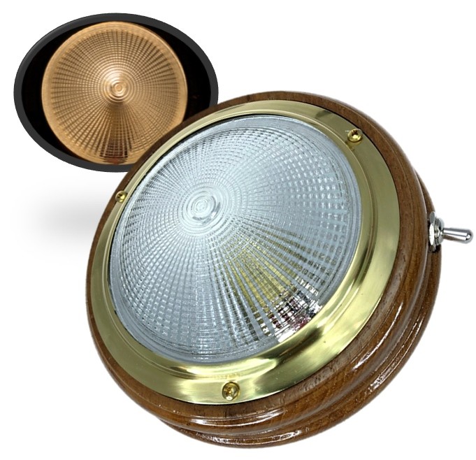 Marine Boat Warm White 4″ Dome Light Bulb Brass Ring Teak Base PC Lens Toggle