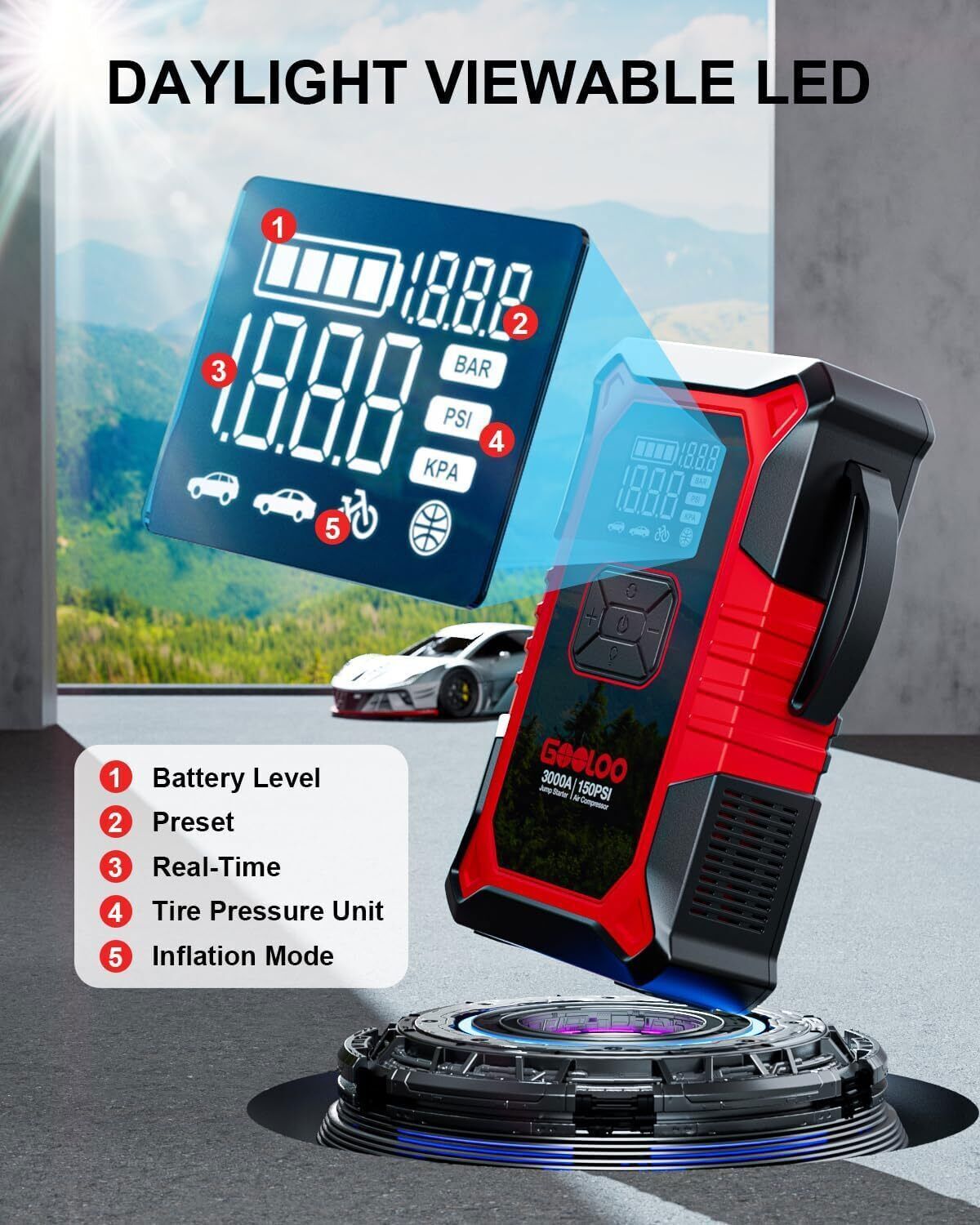 GOOLOO A3 Jump Starter with Air Compressor 3000A Portable Car Battery Booster