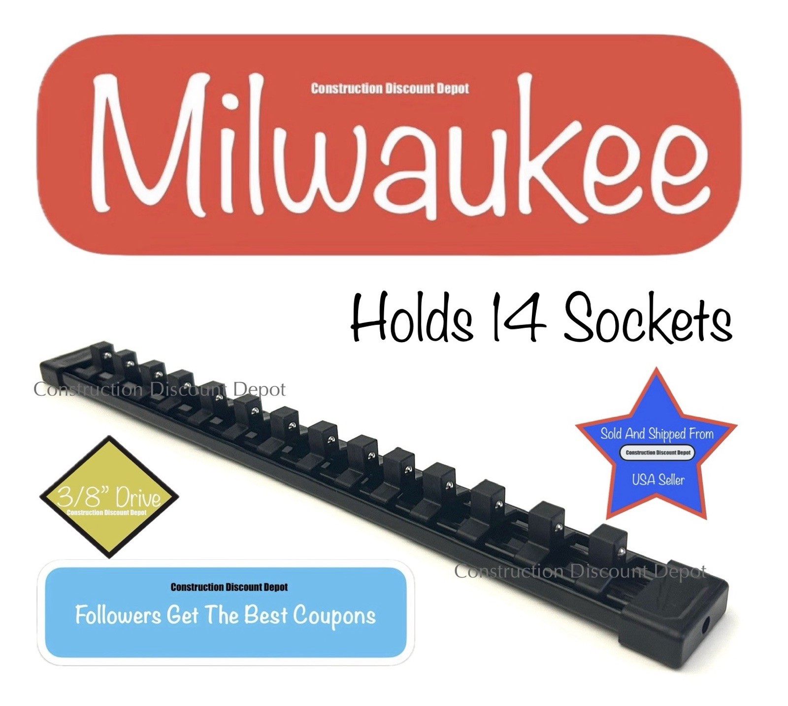 Milwaukee BLACK 3/ 8″ In. Drive Socket Holder Rail Holds 14 With Ball Dent
