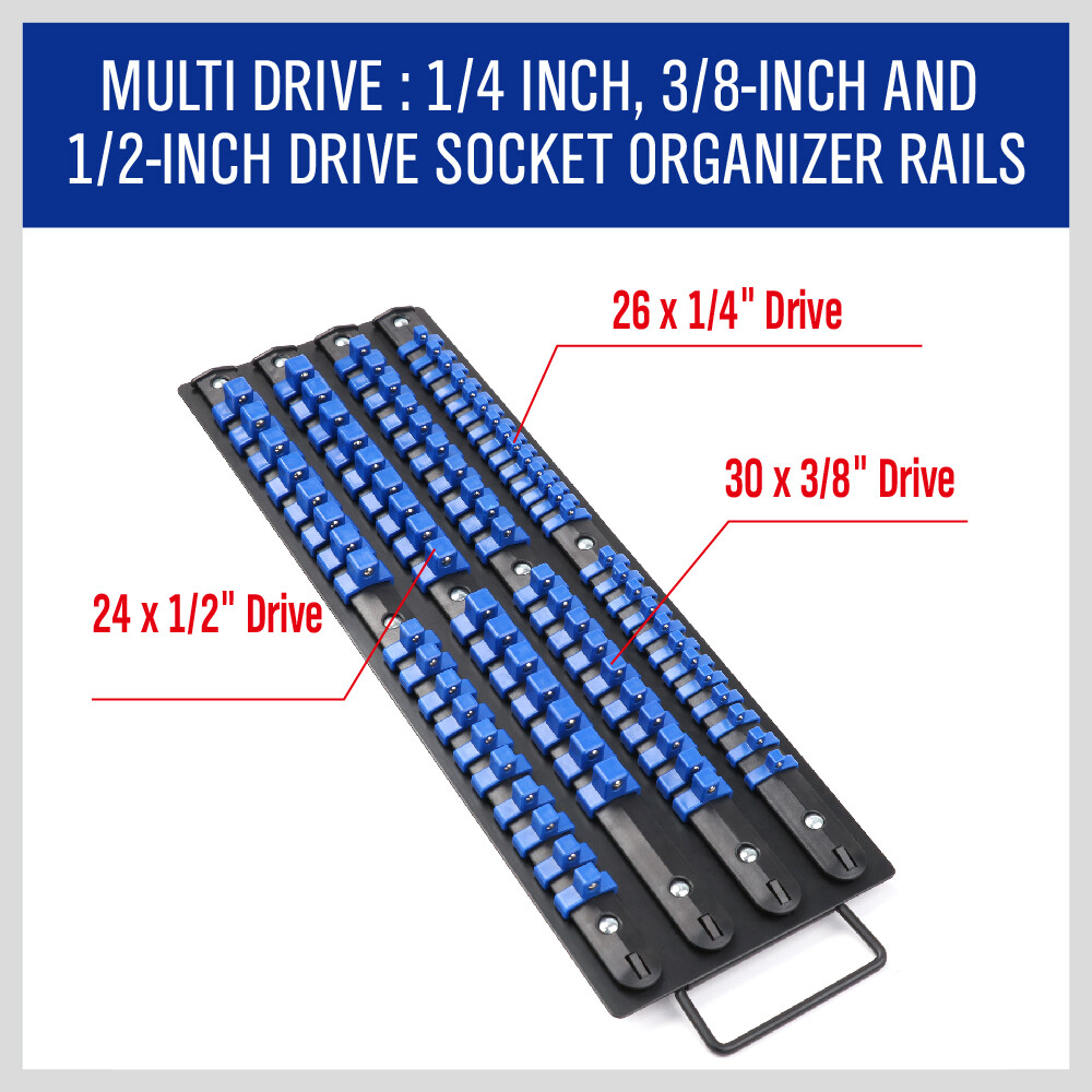 Portable Drive Socket Holder Organizer Metal Tray 80pc ABS Clip Rail 1/4 3/8 1/2