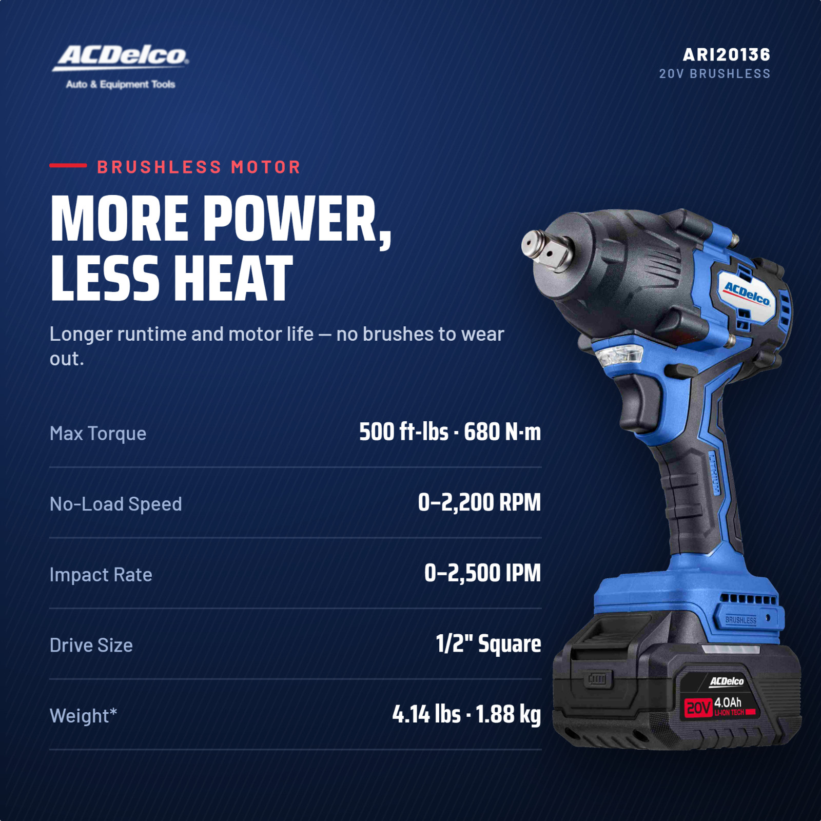 ACDelco ARI20136-P2 20V Brushless Impact Wrench 500ft-lbs 1/2″ 2 Batteries