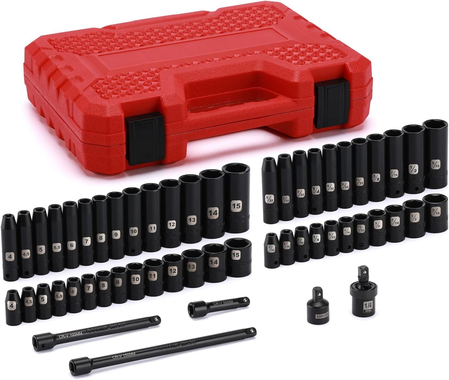 55PCS 1/4″ Drive Deep and Shallow Impact Socket Set with Case, SAE/Metric, CR-V