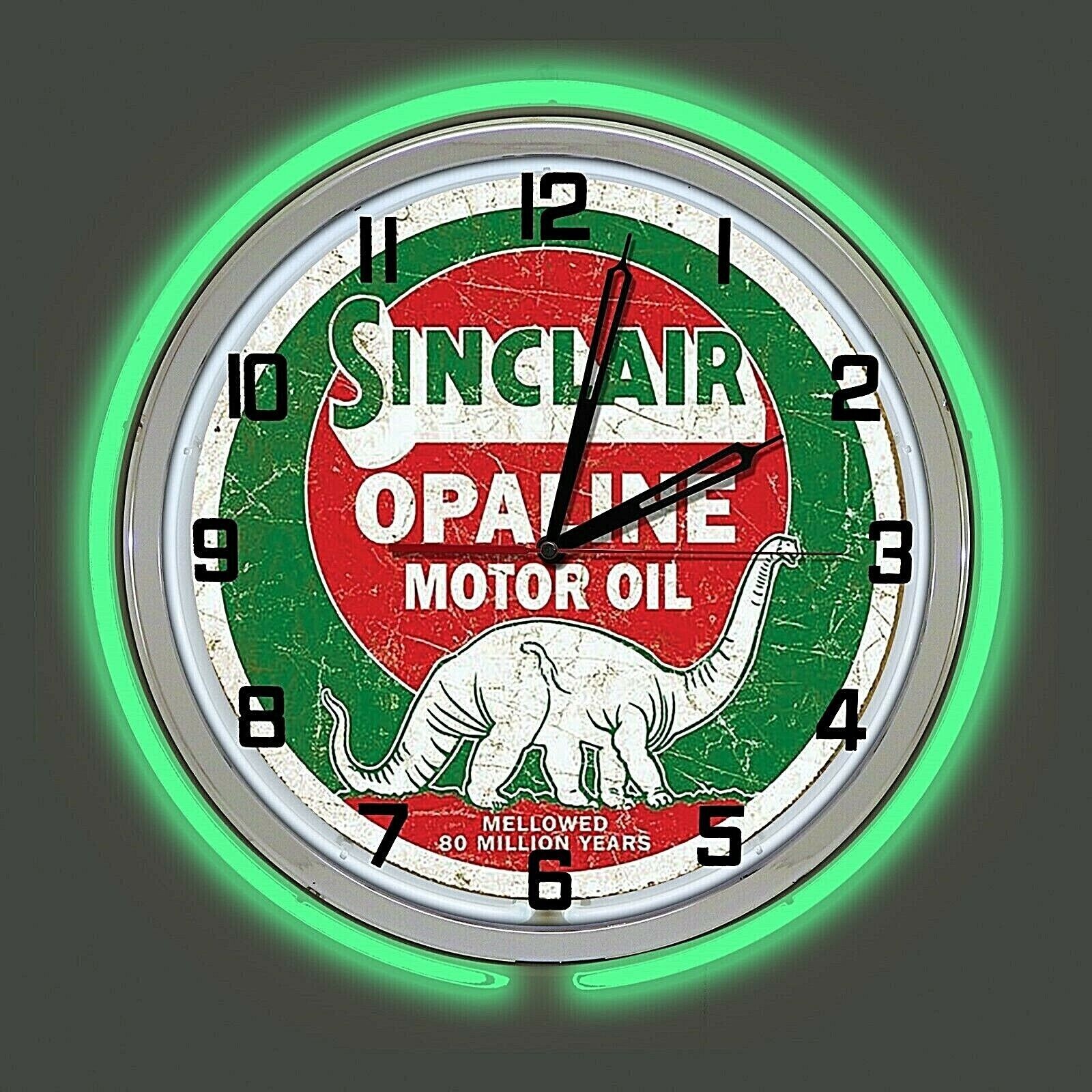 19″ SINCLAIR Opaline Motor Oil Gas Station Double Neon Clock Dino Gasoline
