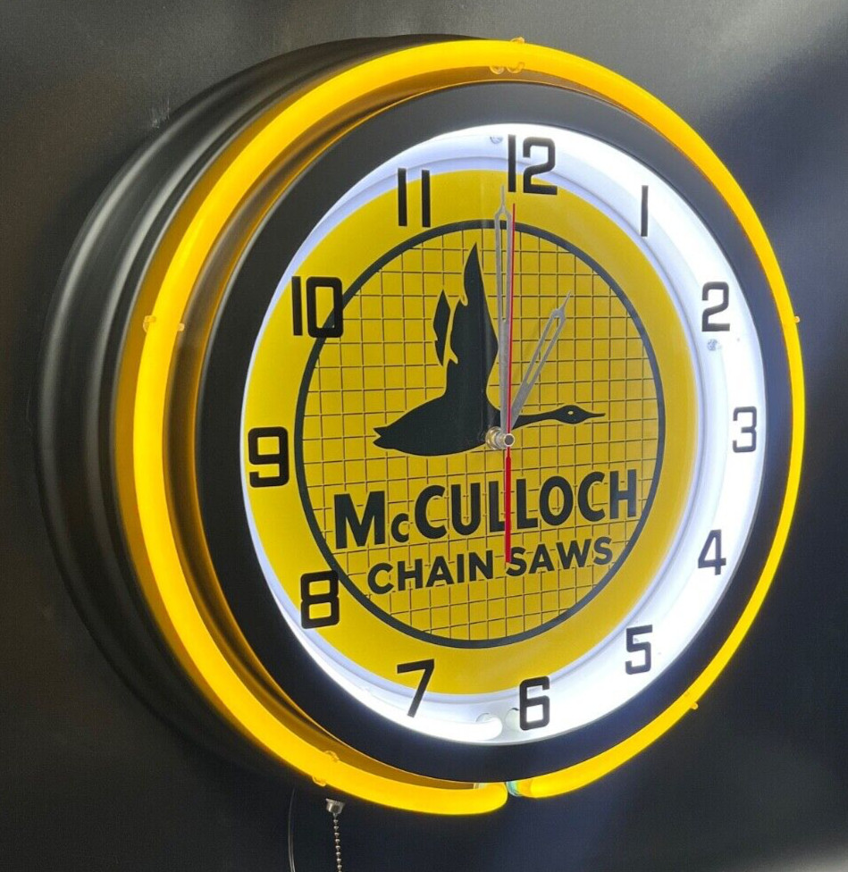 19″ McCULLOCH Chainsaw Matte Black Yellow Double Neon Wall Clock Man Cave