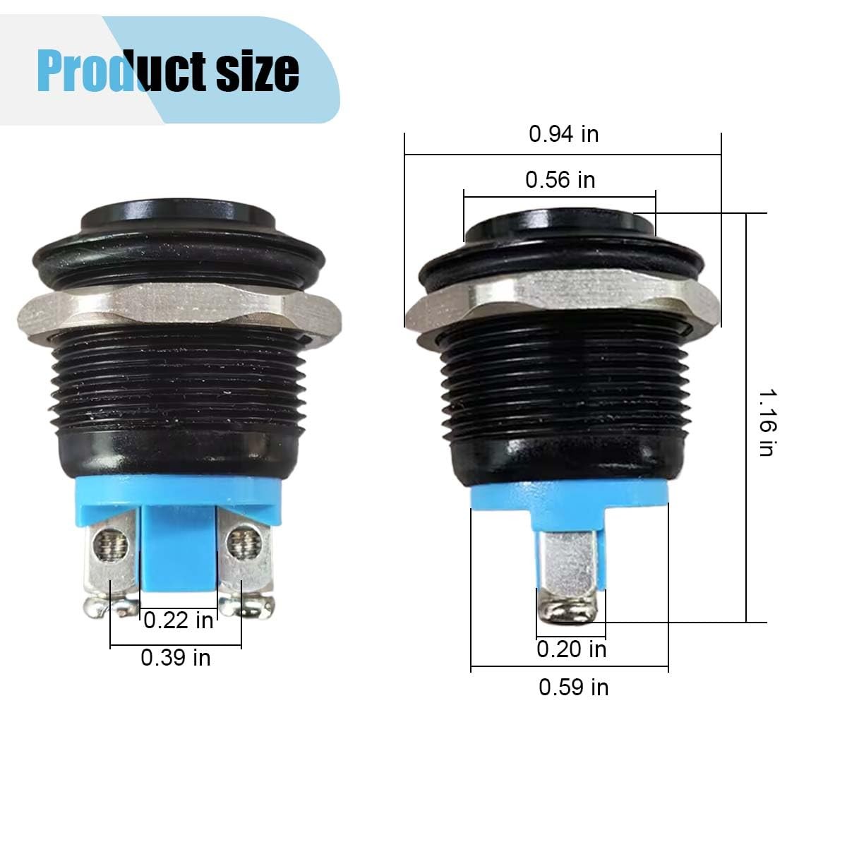 2PCS 19mm Momentary Horn Push Button Switch- 12V SPST 1NO Round Black&Blue