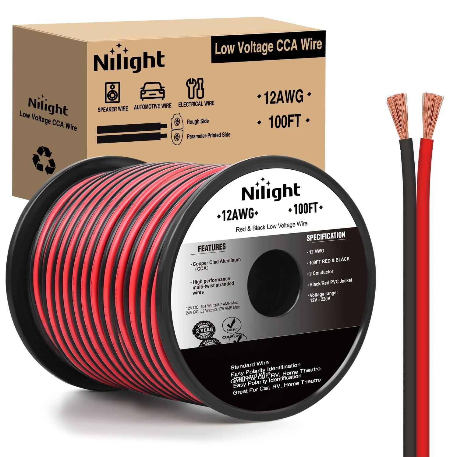 12AWG 100FT Copper Clad Aluminum Wire 12/2 Gauge Red Black CCA Electrical Cable