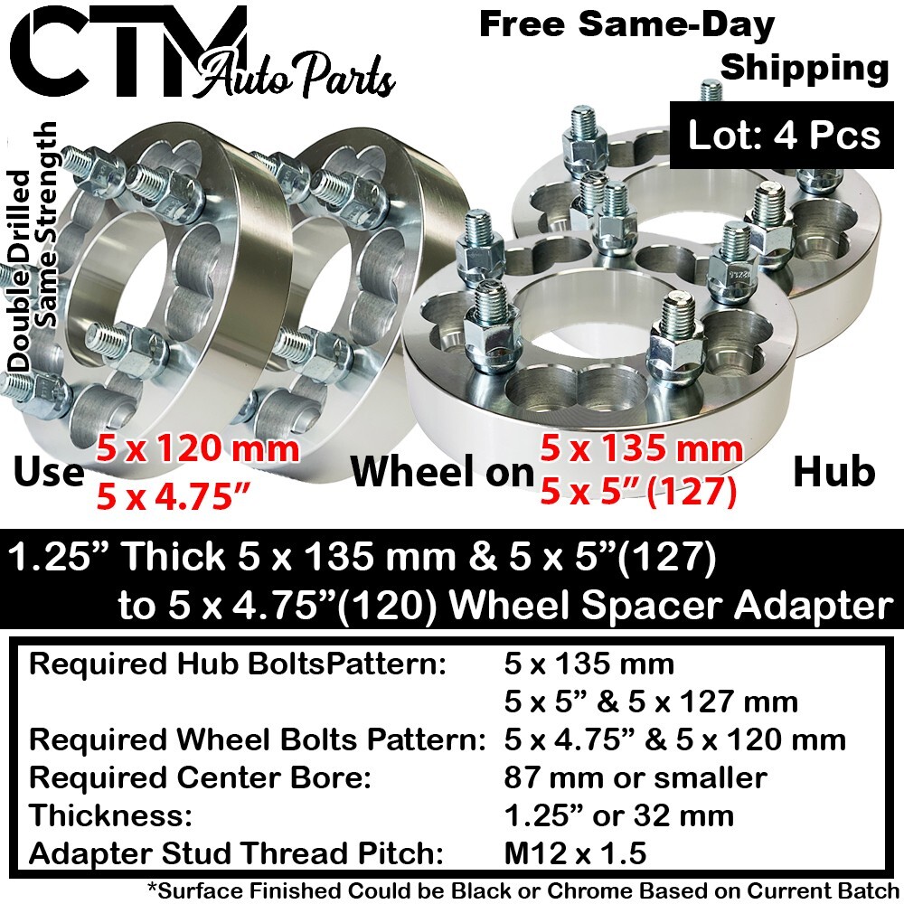 4x 1.25″ Thick 5×135 to 5×4.75 Wheel Adapter | F150 Navigator Expedition 12×1.75