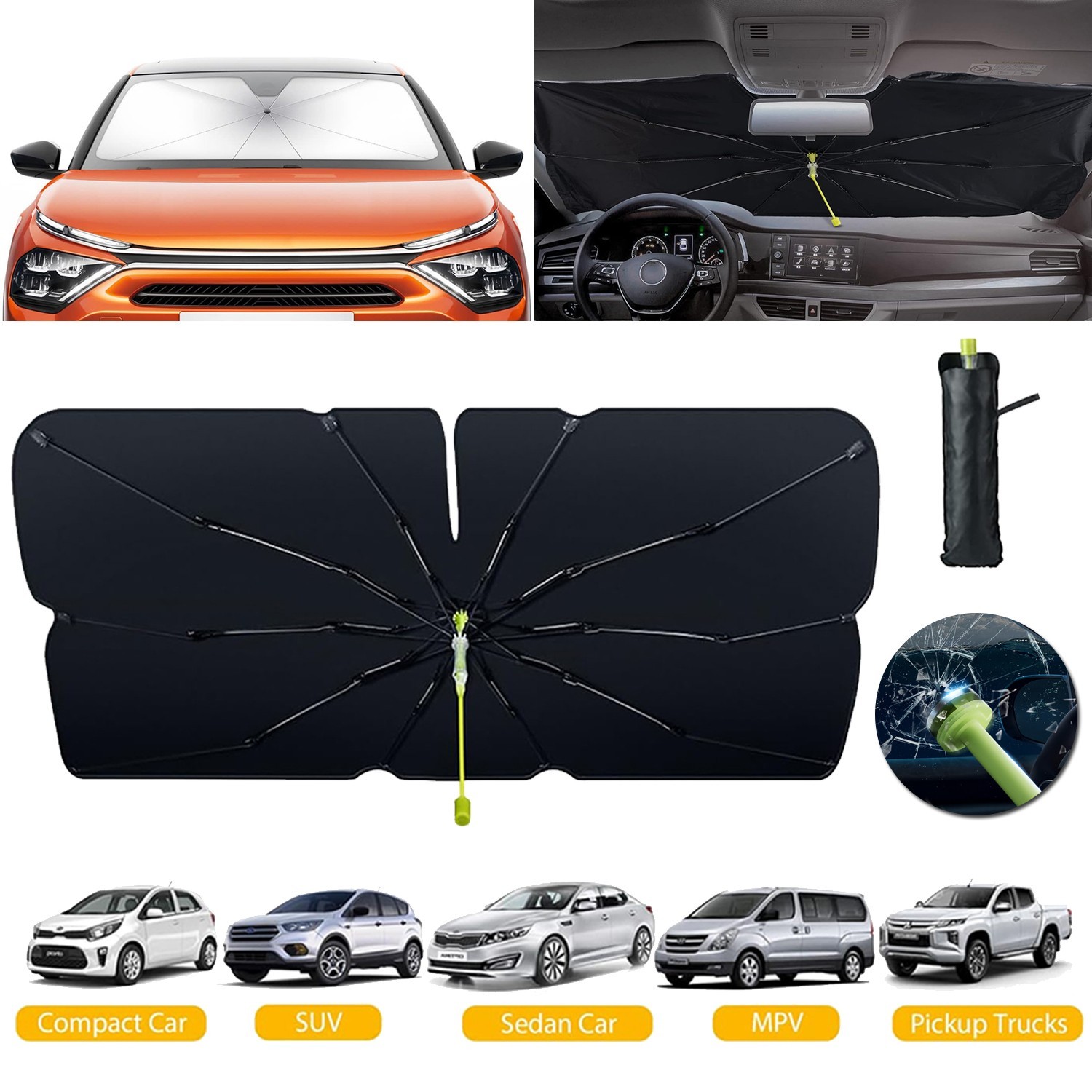 2-in-1 Windshield Sun Shades Visor Window Breaker Foldable UV Umbrella Universal