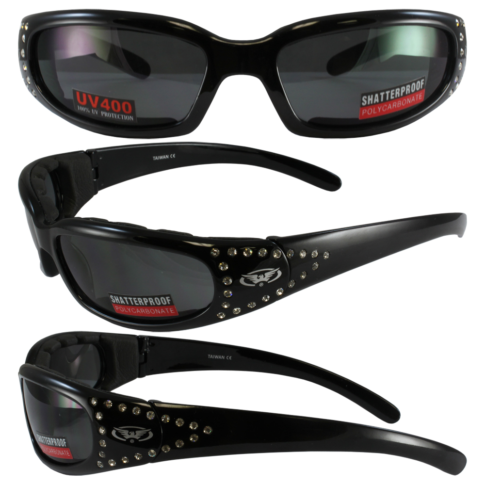 WOMENS SMOKE RHINESTONE PADDED MOTORCYCLE GLASSES SMOKE LENS & POUCH
