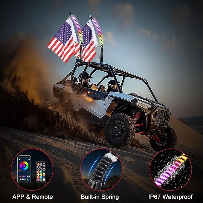 2PCS 2FT LED Whip Spiral Chasing RGB Whip Lights For Can Am Polaris RZR UTV ATV
