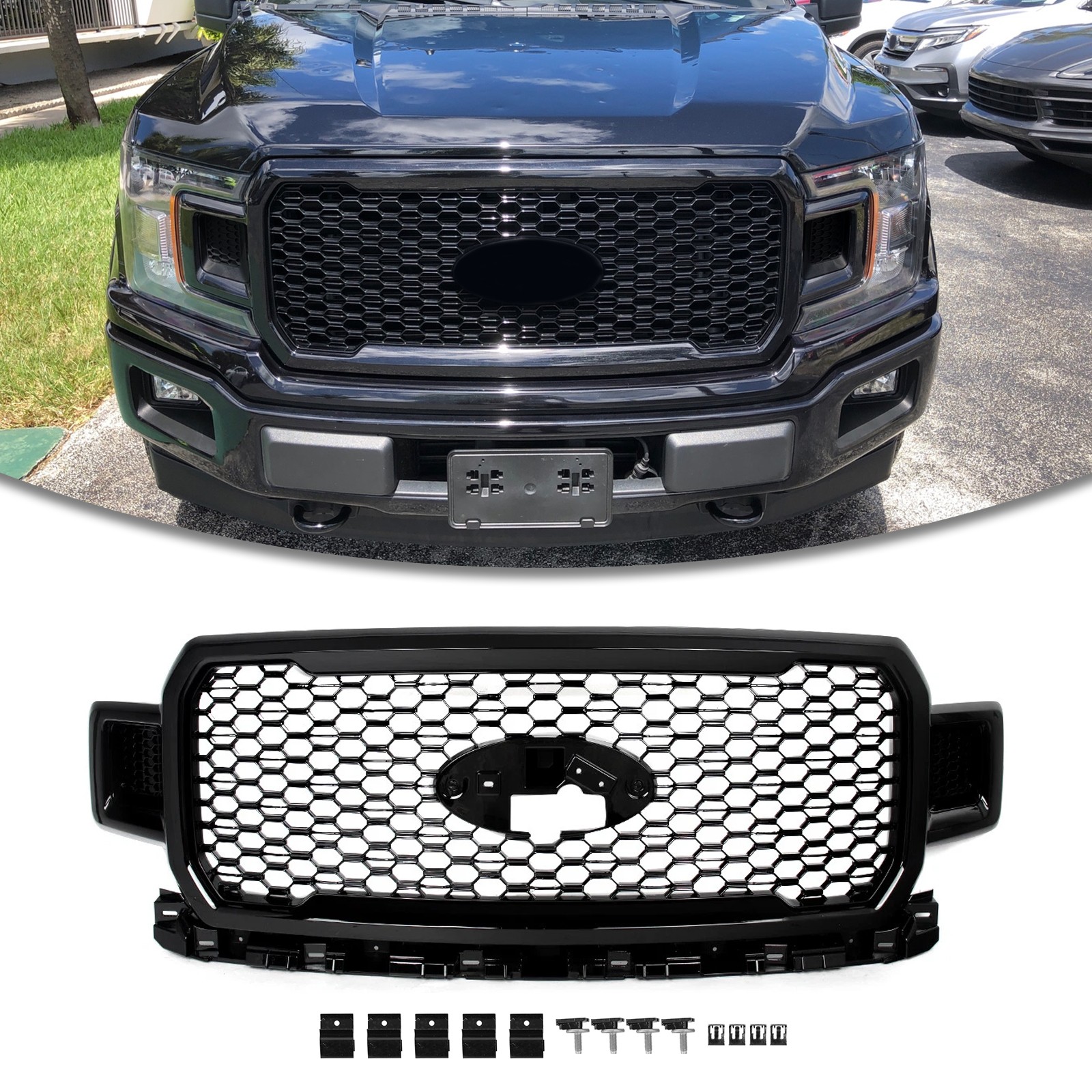 For Ford F-150 F150 2018 2019 2020 Front Upper Grille Grill Assembly Gloss Black