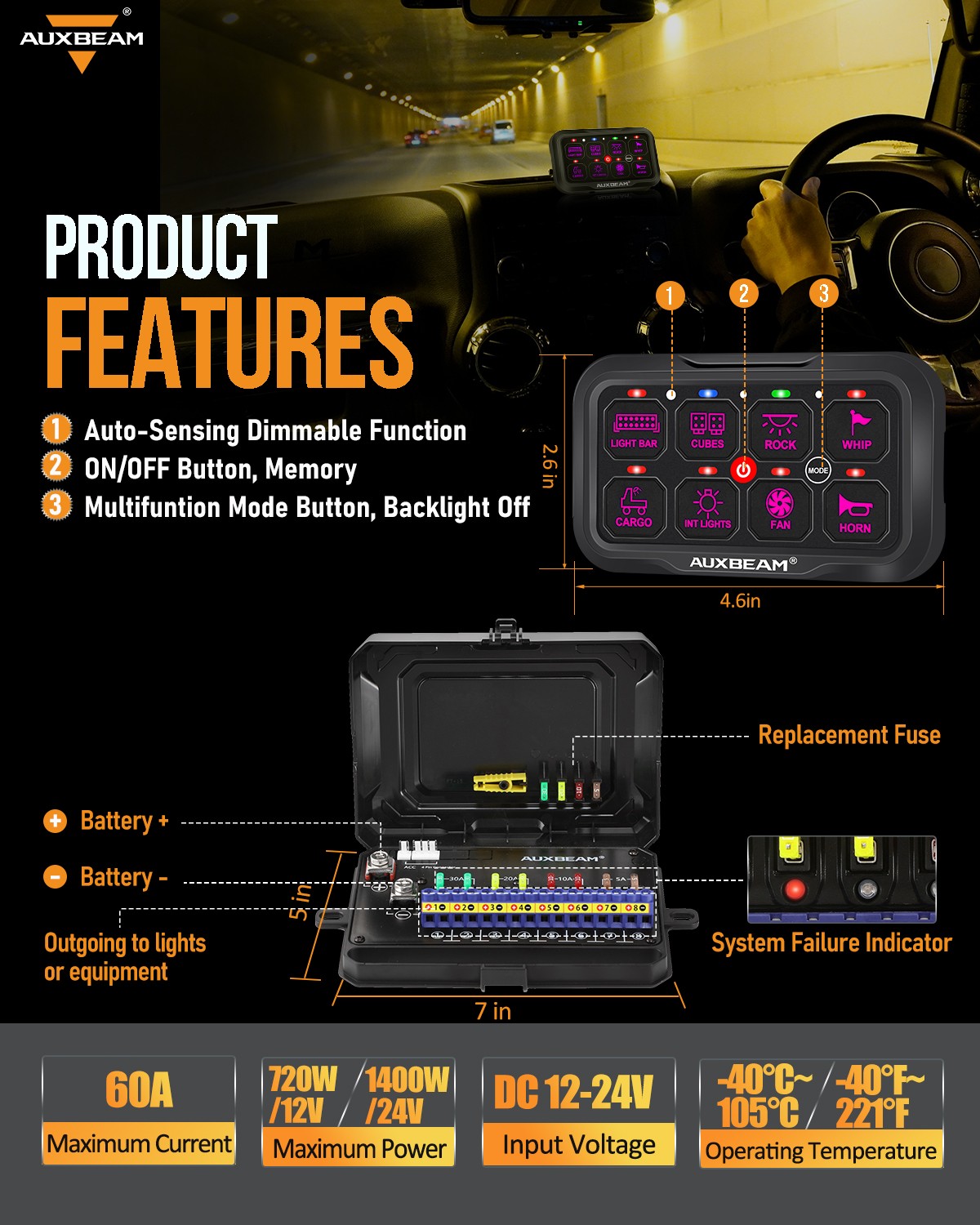 AUXBEAM AR800 8 Gang Switch Panel Bluetooth RGB LED Touch Switch Pod Control Box