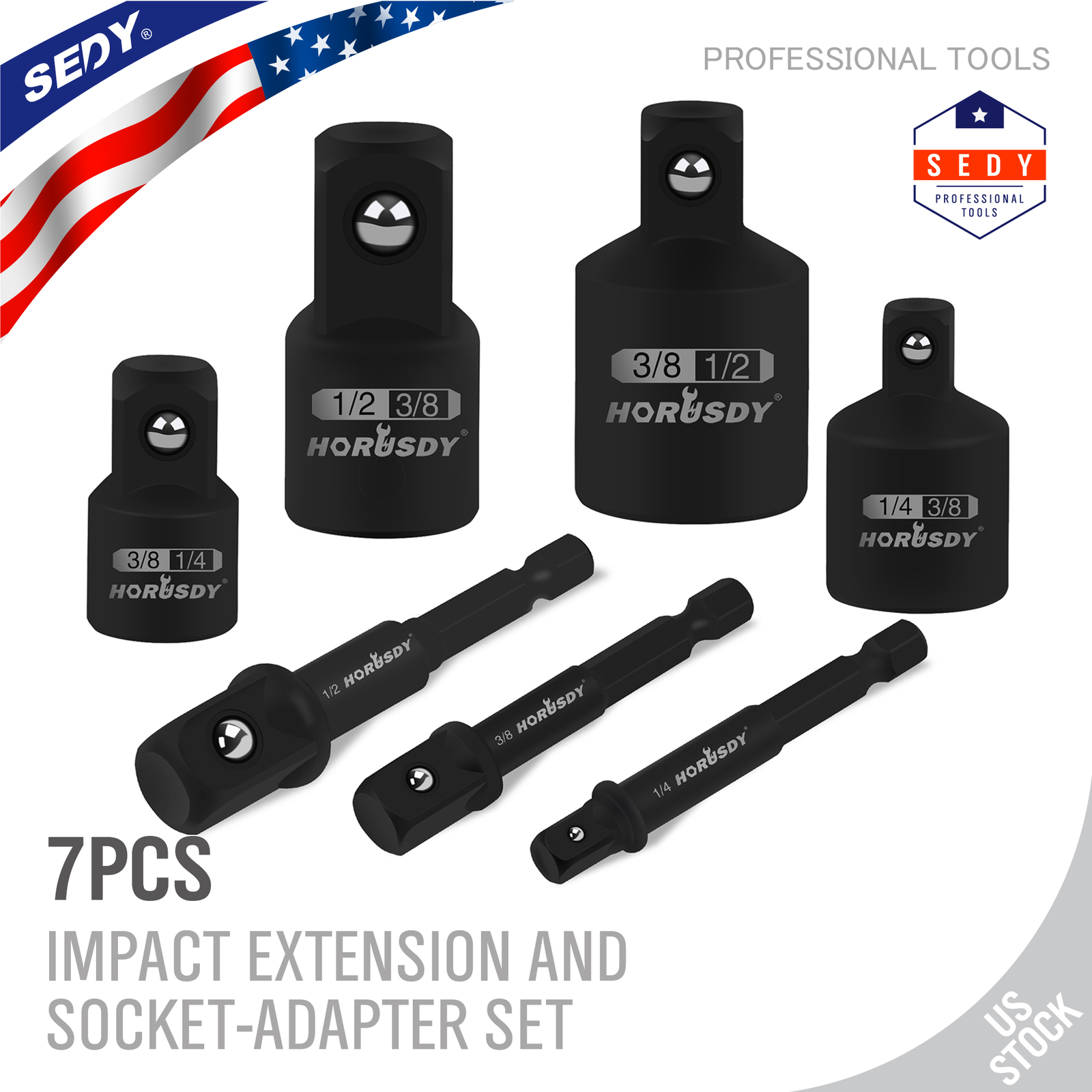 7pc Impact Socket Adapter Combo Kit Increaser Reducer Extension 1/4″ 3/8″ 1/2″