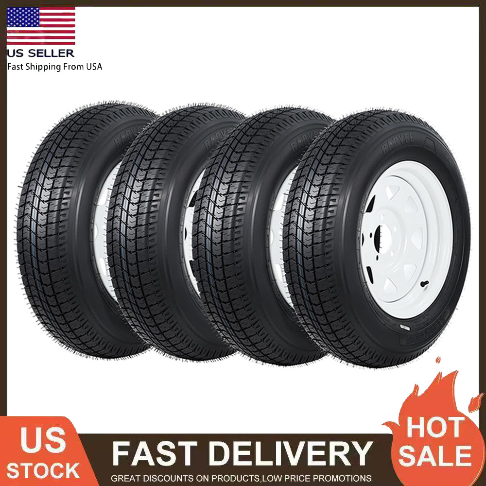 4 Pack Trailer Tires On Rim ST205/75D15 205/75 D 15 LRC 5 Lug White Spoke Wheels