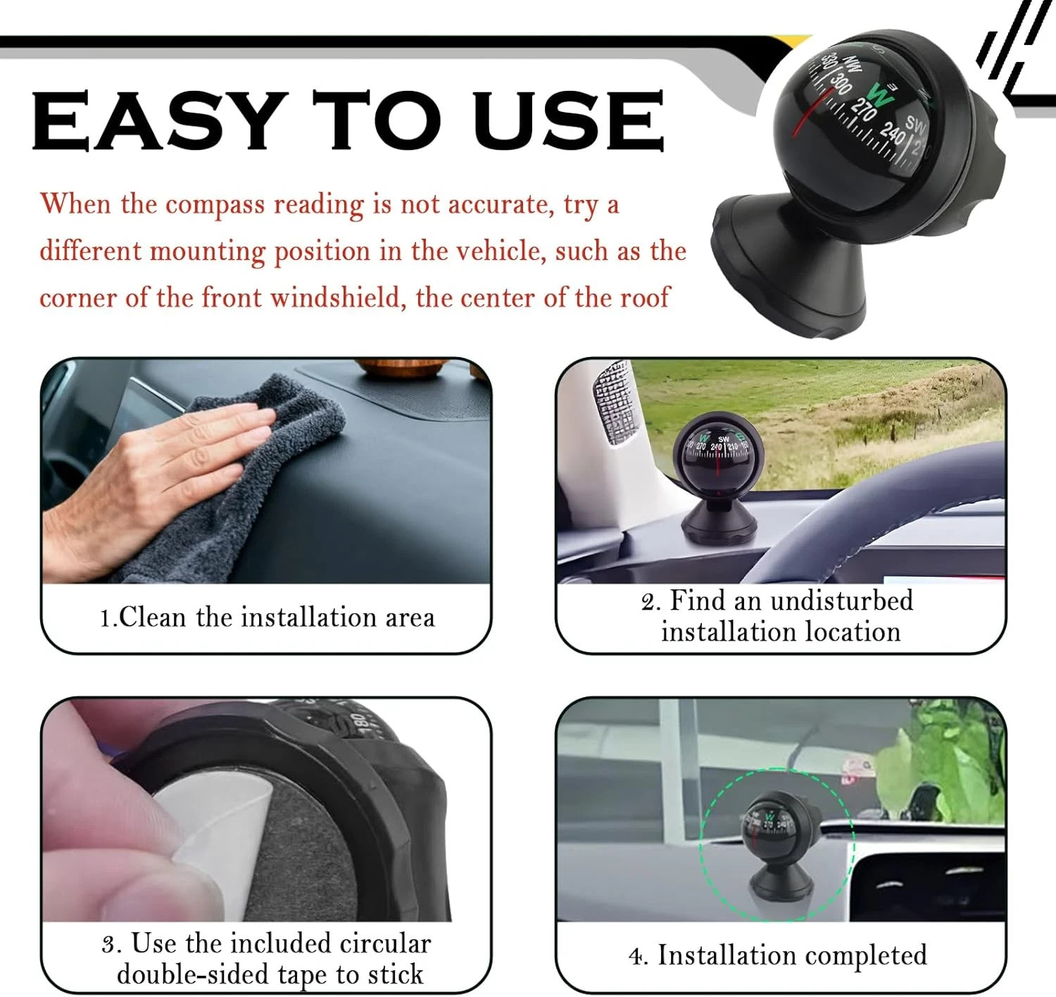 Share Compass for Car with Bottom Stick Car Compass Ball,Adjustible and Night Vi