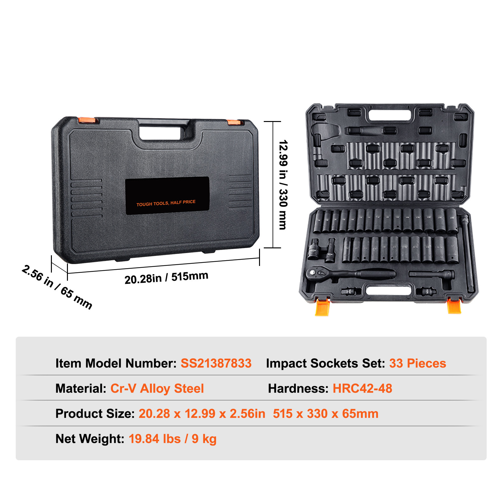 VEVOR Impact Sockets Set 33pcs 6-Point 1/2in Drive Bit Ratchet Tool Kit Case