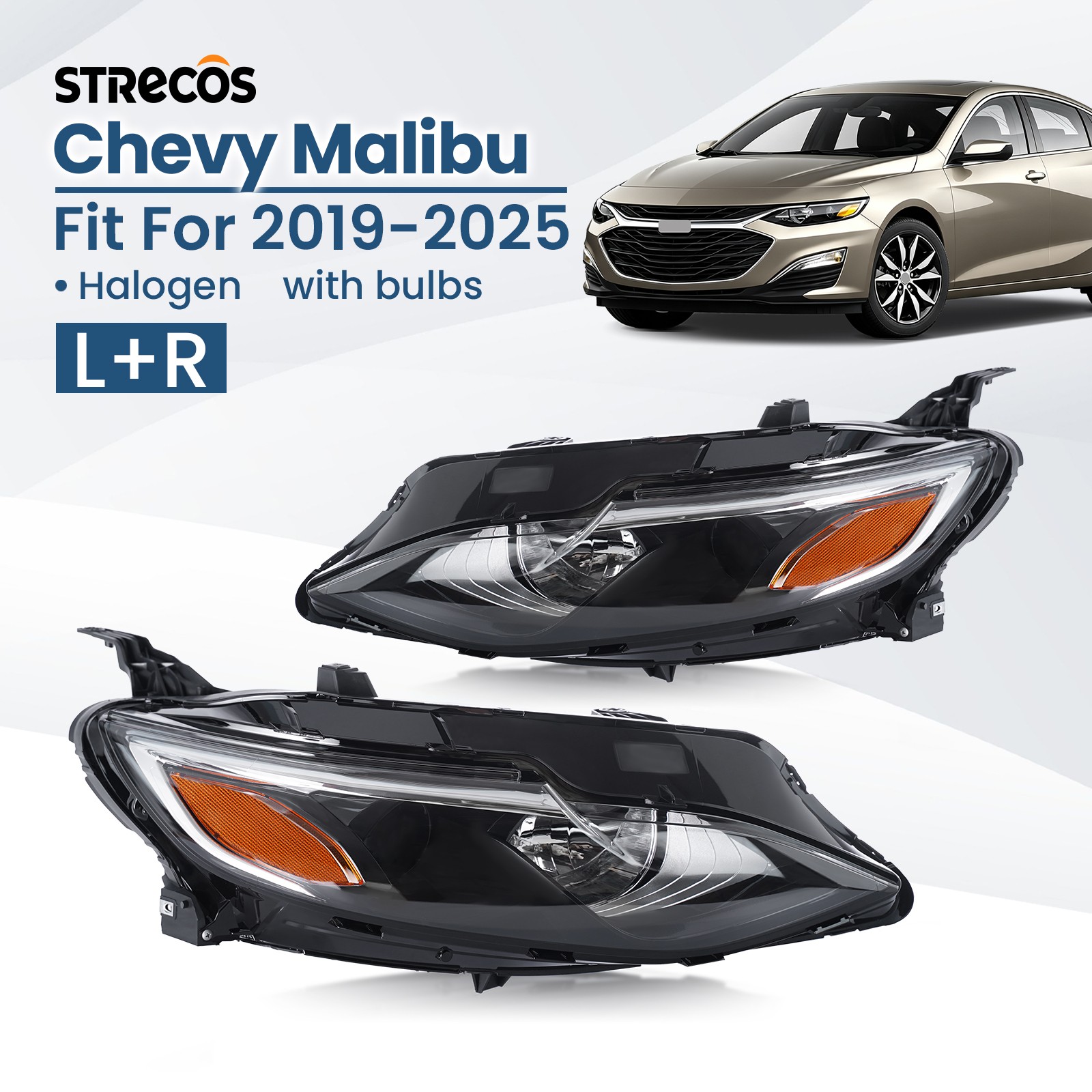 Halogen Headlight For 2019-2025 Chevy Malibu RS/LS/LT w/ Bulb Left+Right Pair