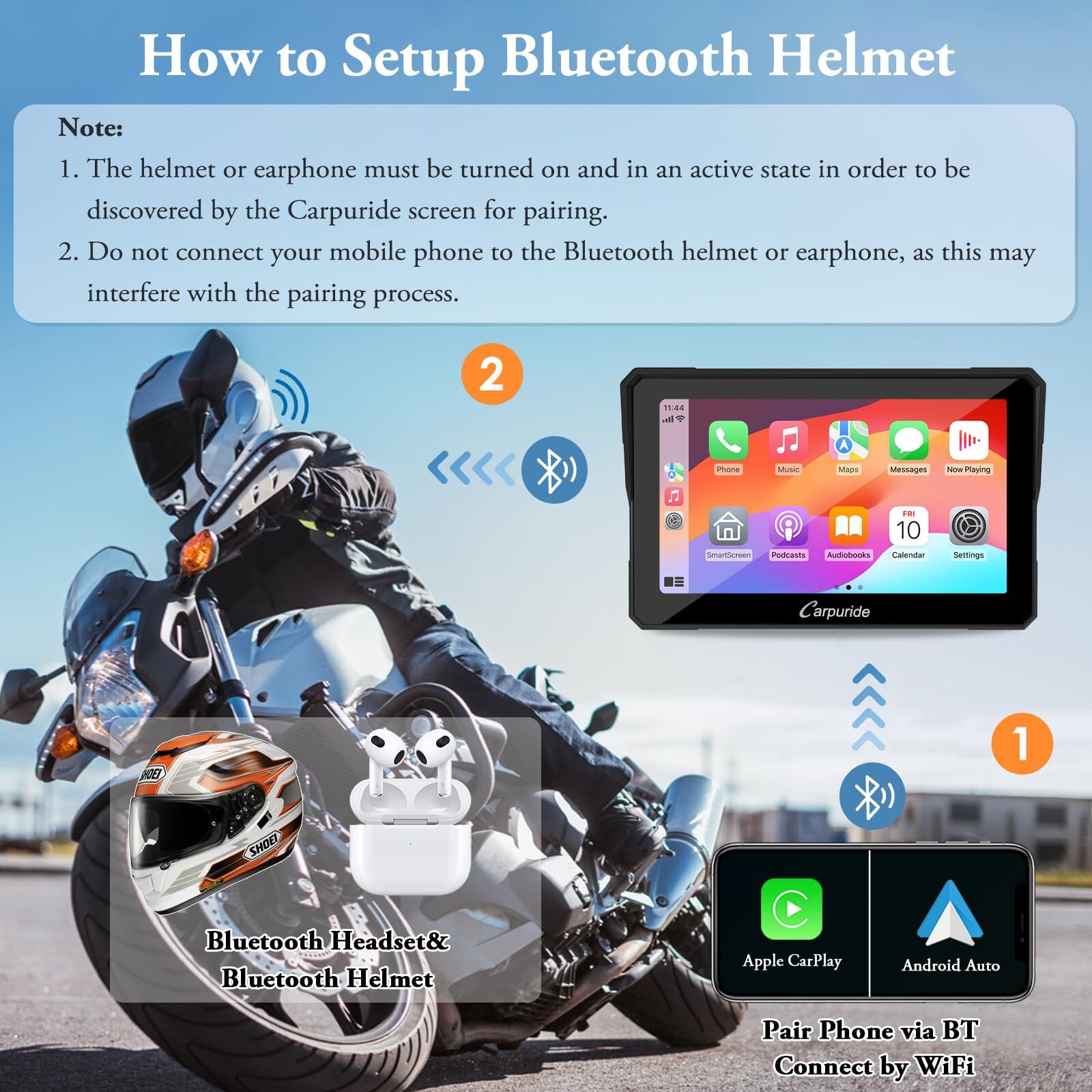 Carpuride W702 Moto Carplay Android Auto Waterproof Touchscreen Dual Bluetooth