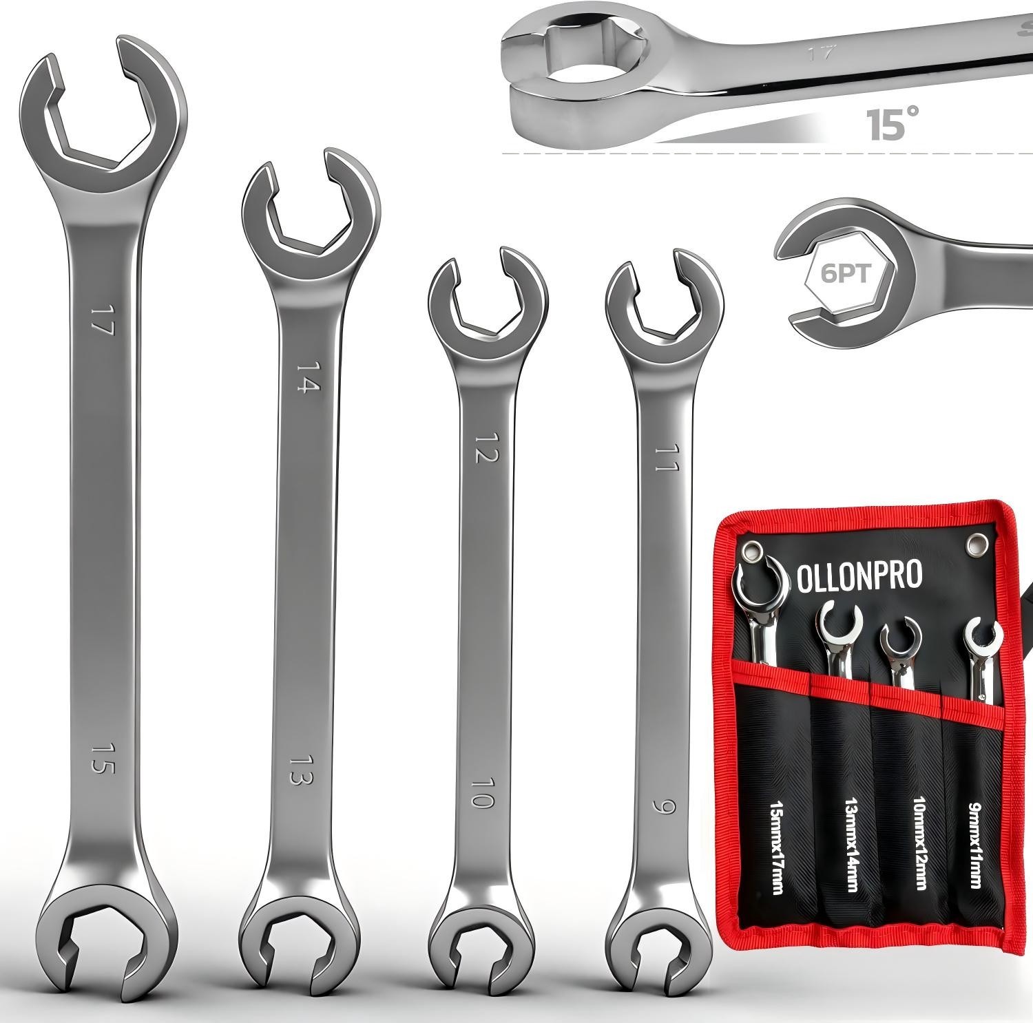 4PC Flare Nut Wrench Set Offset End Metric Brake Line Spanner 9-17MM with Pouch