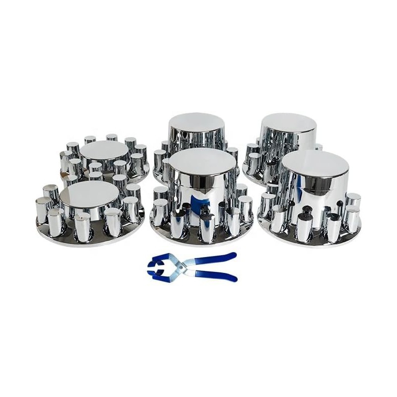 Chrome Flat Top Hub Cover Semi Truck Wheel Kit Axle Cover 33mm Lug Front & Rear