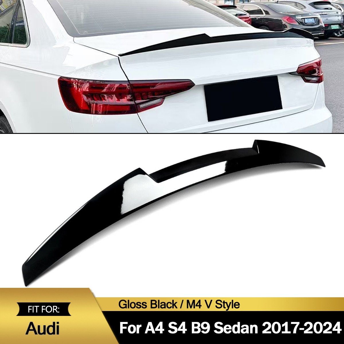For 2017-2024 Audi A4 S4 B9 Sedan Rear Trunk Spoiler Wing M4 Style Glossy Black