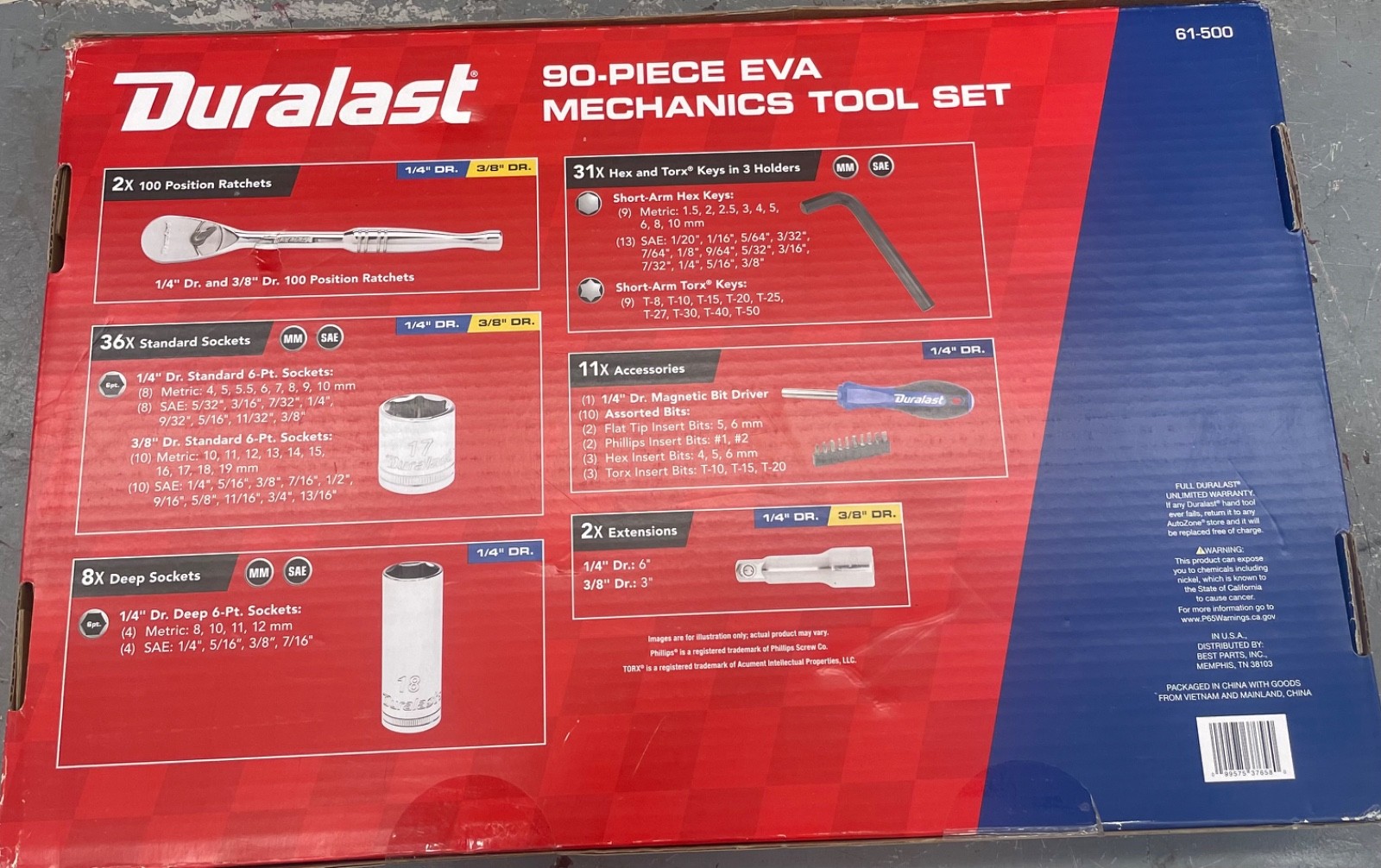 DURALAST 90 Pc 1/4″ 3/8″ Dr Ratchet Socket SAE METRIC Tool Set 61-500 EVA + Tray
