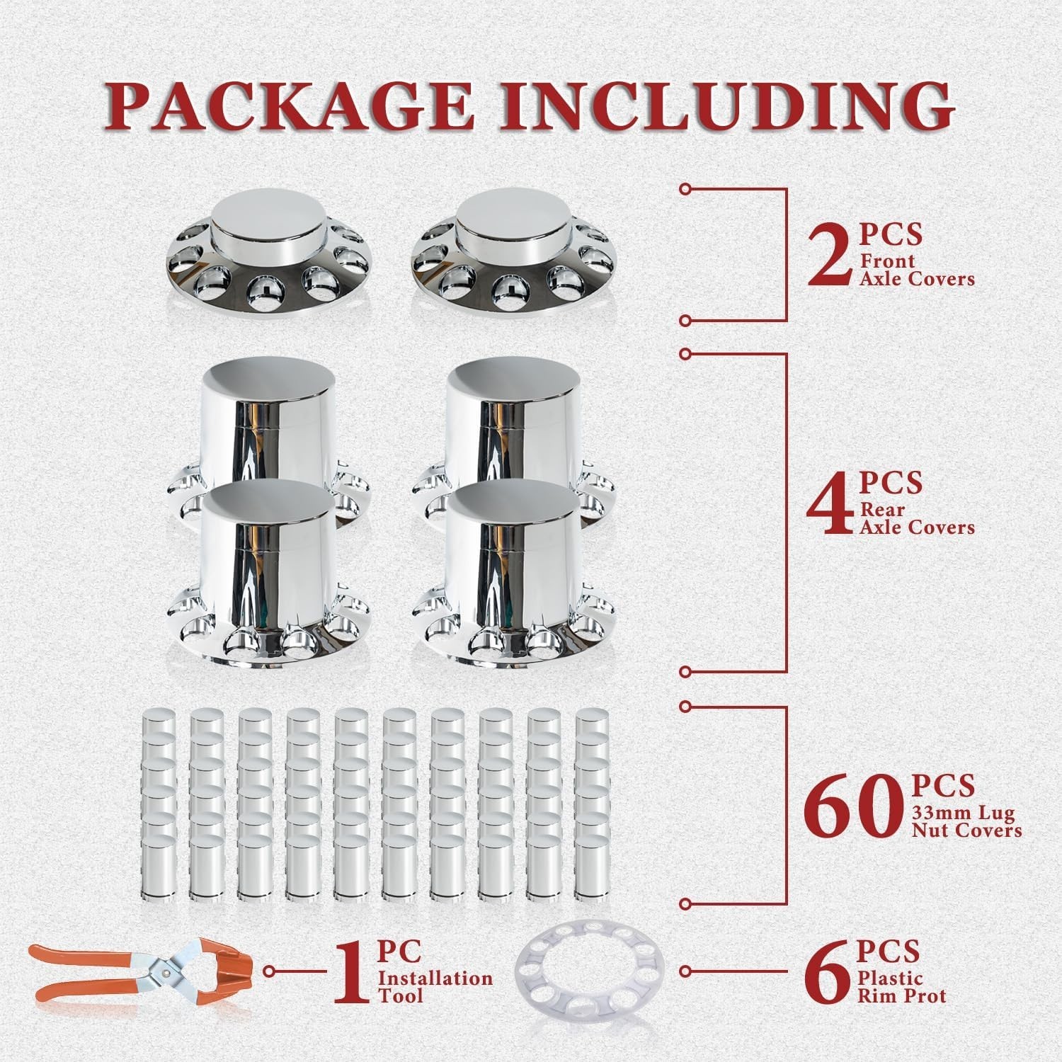 Chrome Flat Top Complete Hub Cover Kit 33mm Lug Nut Wheel Axle Covers Semi Truck