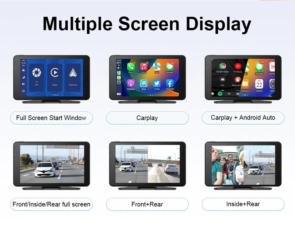 7″ Dash Cam 2.5K DVR Rearview Camera Wireless Carplay&Android GPS Navigation
