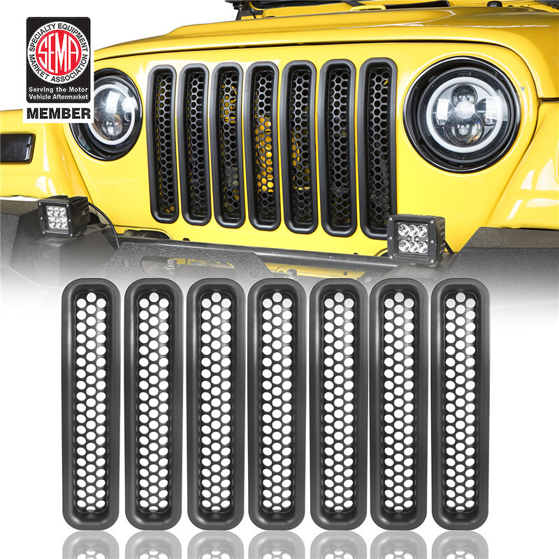 7PCS Front Grille Clip-in Mesh Insert Cover Guard For 1997-2006 Jeep Wrangler TJ