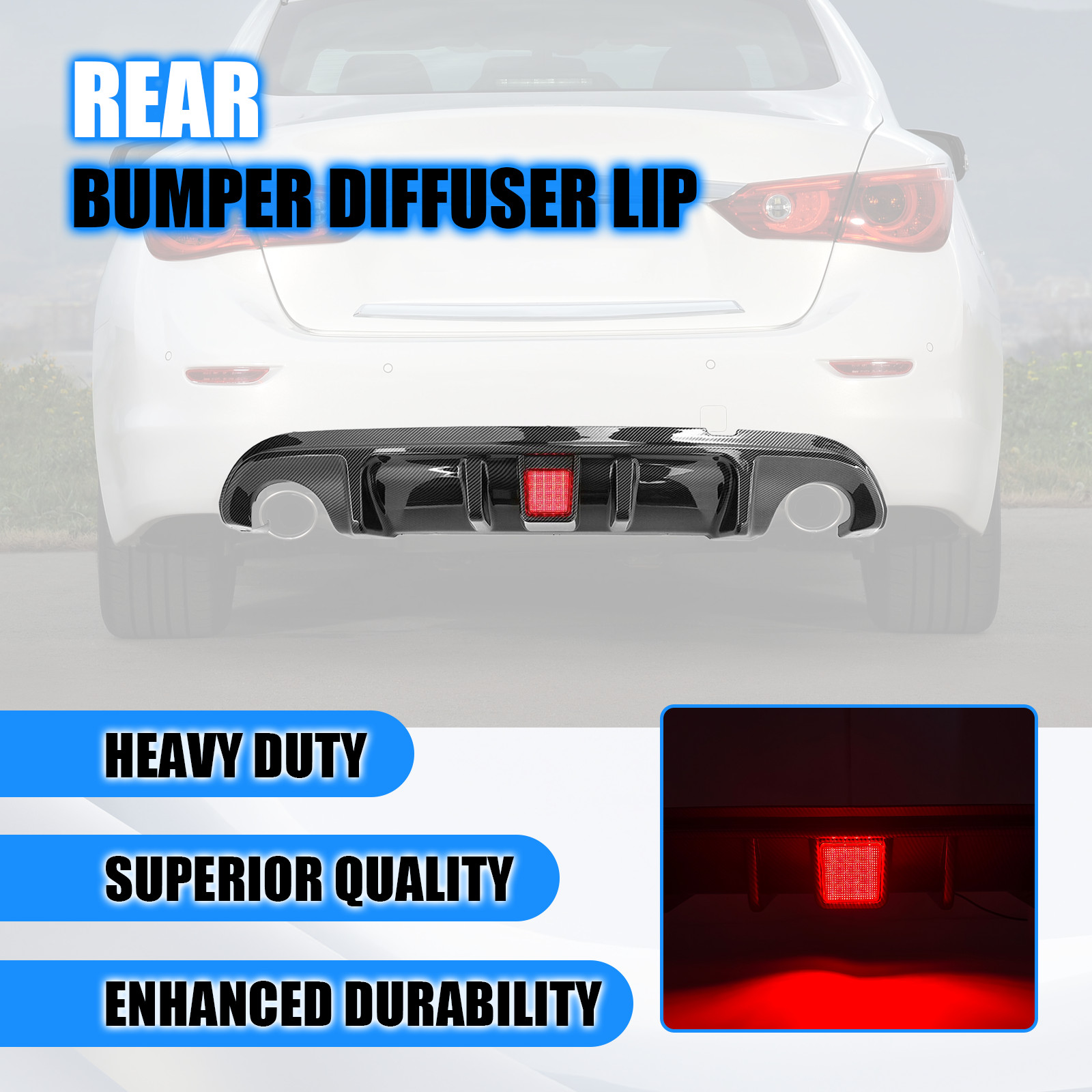 Rear Bumper Diffuser & Spoiler Wing Carbon Fiber Look Fit 2014-2017 Infiniti Q50