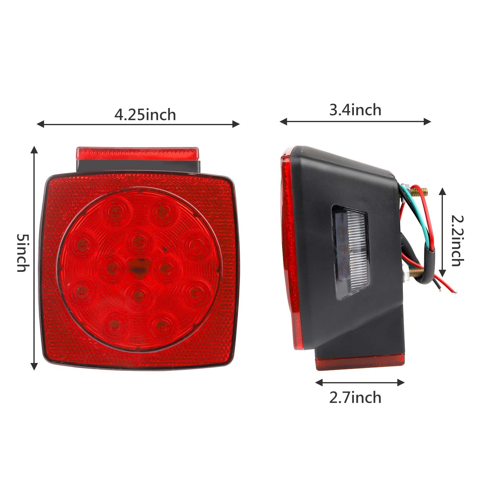 1Pair Square LED Trailer Lights Waterproof Submersible Lamp Kit for Boat Truck