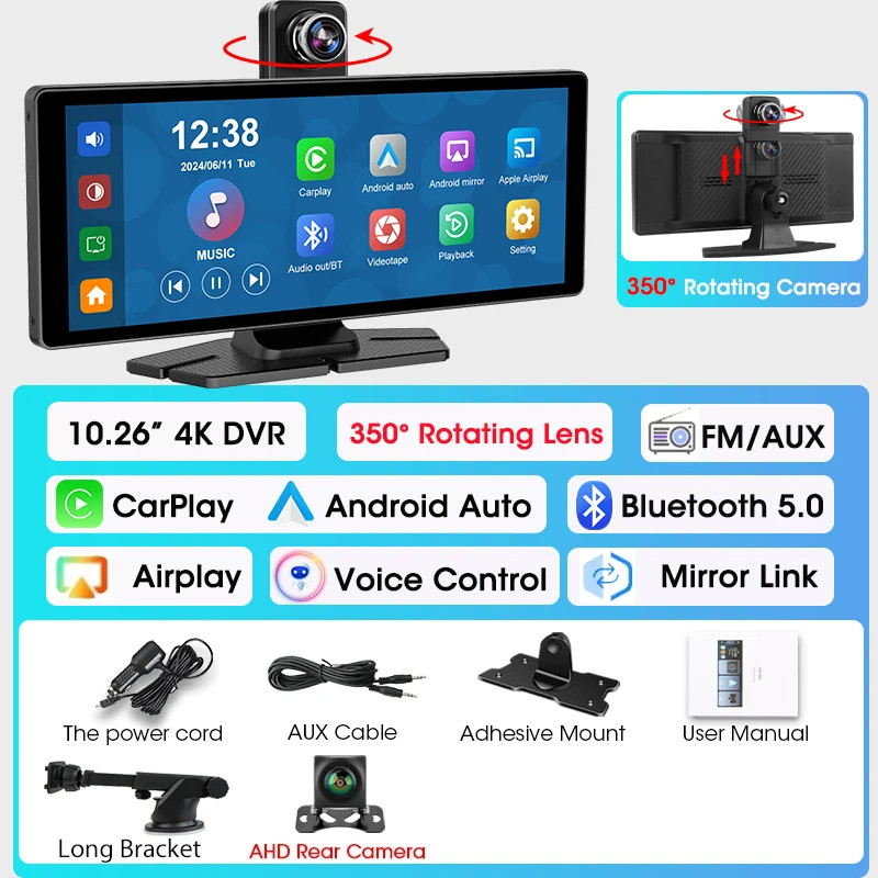 7″/10.26″ 4K Dash Cam Wireless Android Auto 350° Rotating Lens Car DVR GPS