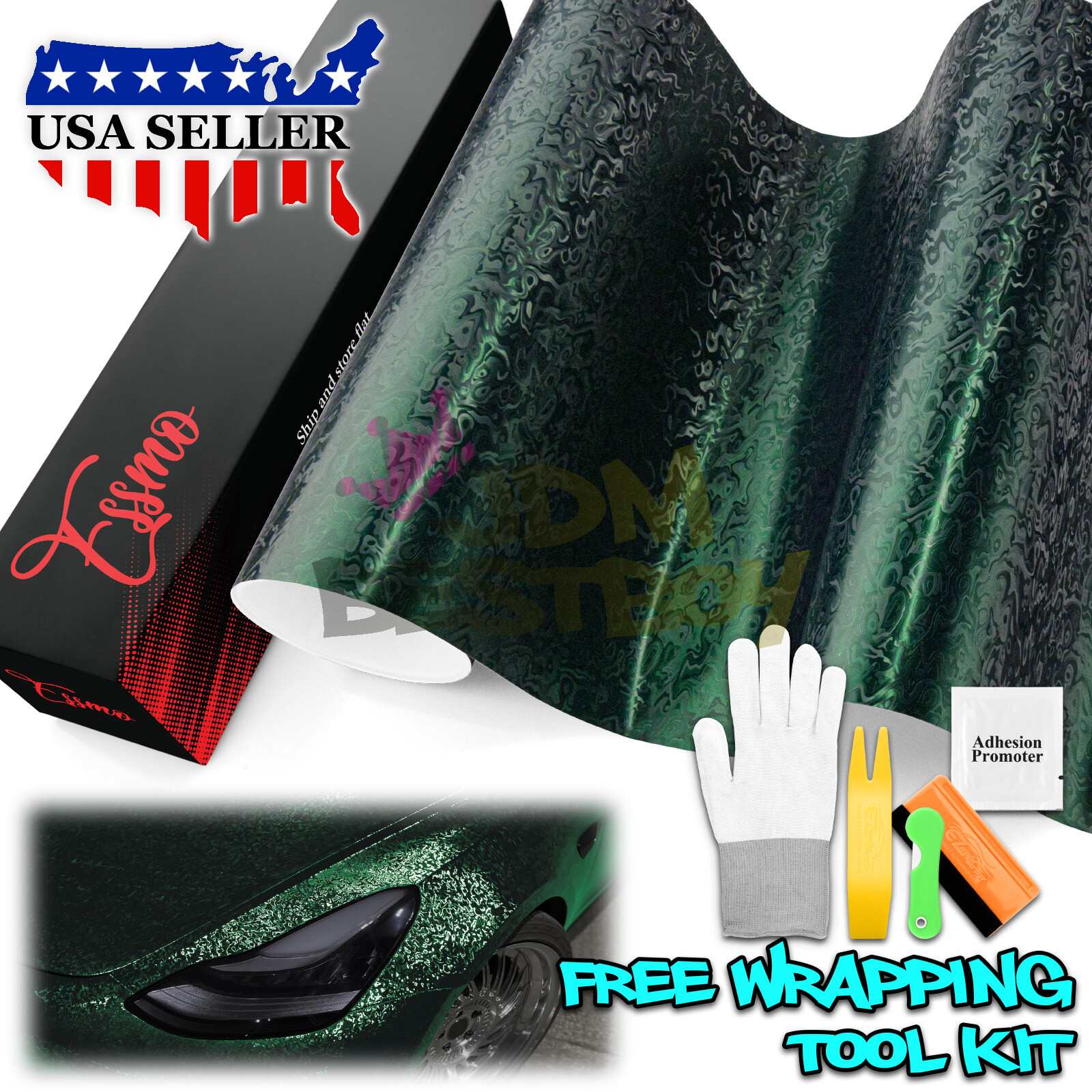 PET Damascus Steel Forged Carbon Fiber Venom Green Car Vinyl Wrap Decal Sticker