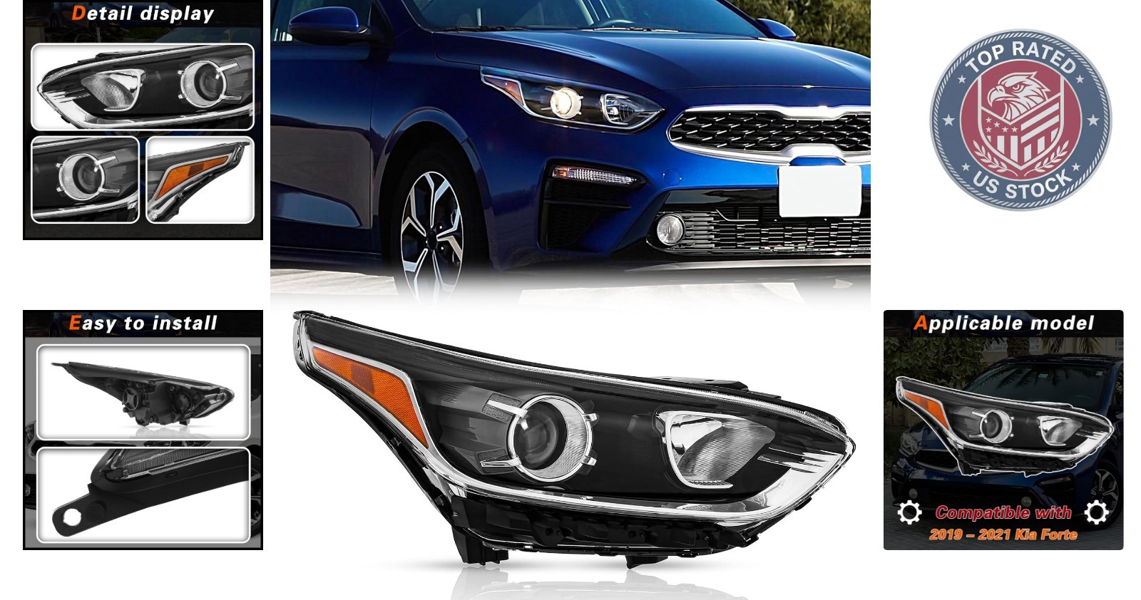 Easy-Install Halogen Headlight Assembly for 2019-2021 Kia Forte, Front Right