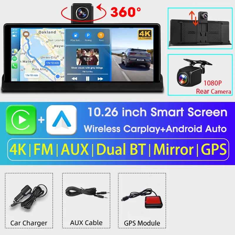 7″/10.26″ 4K ADAS Dash Cam Wireless Carplay Android Auto Car DVR GPS Navigation