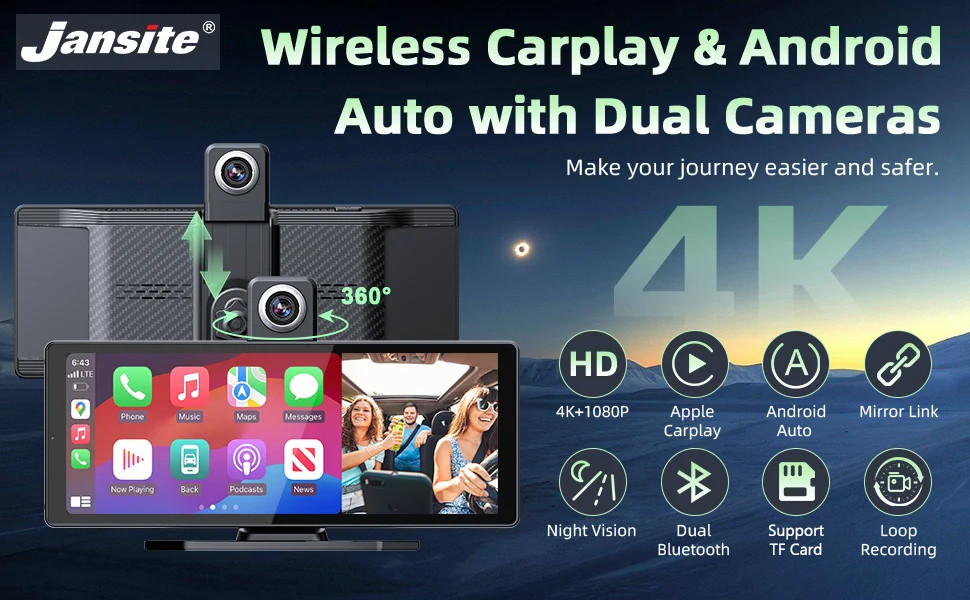 10.26″ 4K Dashcam 360° Rotating Lens Car DVR Wireless Carplay Android Auto GPS