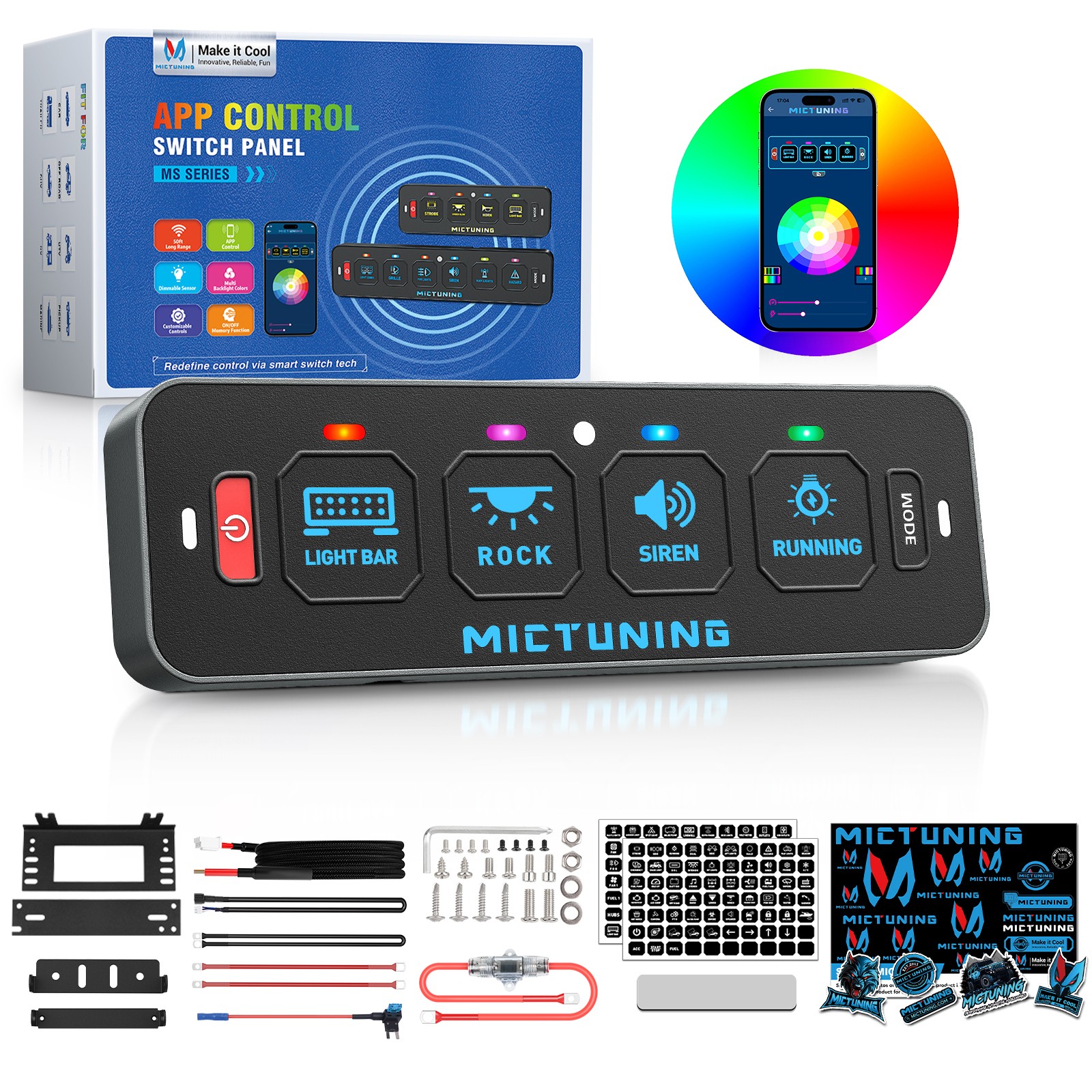 Wireless Slim 4 Gang Switch Panel w/App Control, 12V LED Circuit Relay System