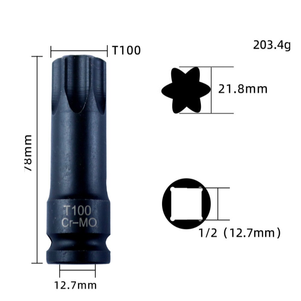 T100 Torx 6 Point Socket Adapter Set 1/2”Drive Impact Bit Socket Adapter Tool