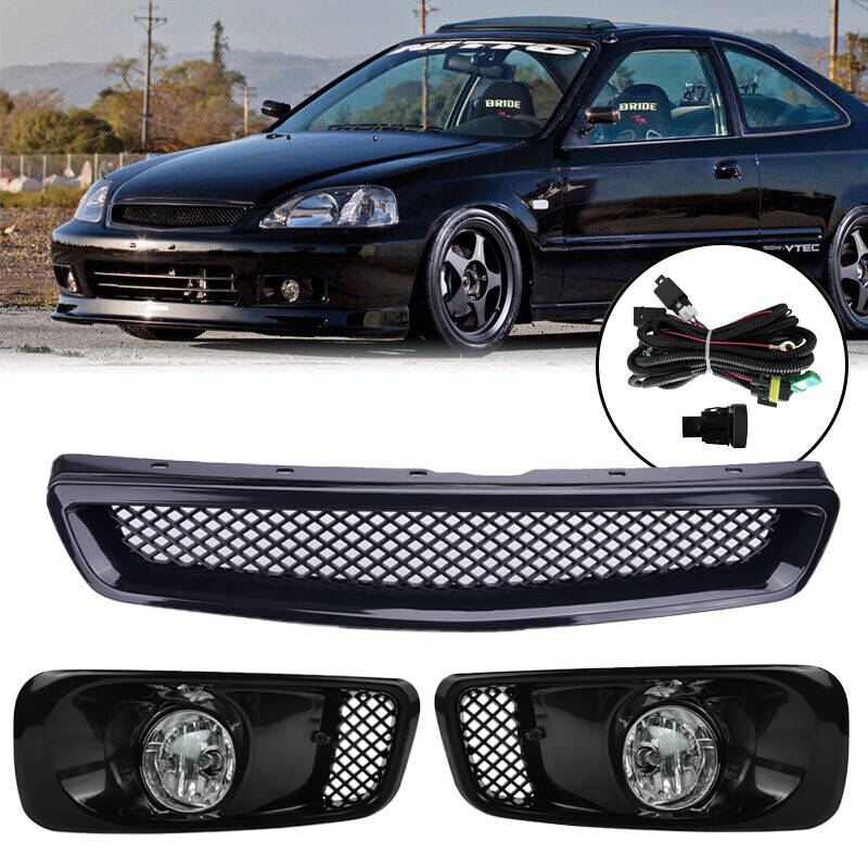 Fit 1999 2000 Honda Civic JDM Type R Front Upper Grille+Fog Lights w/Wiring Set