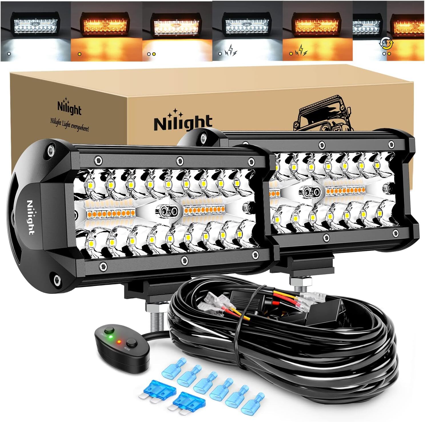 Nilight Side Shooter LED Light Bar 2PCS 7 Inch Triple Row Spot Flood Combo Light