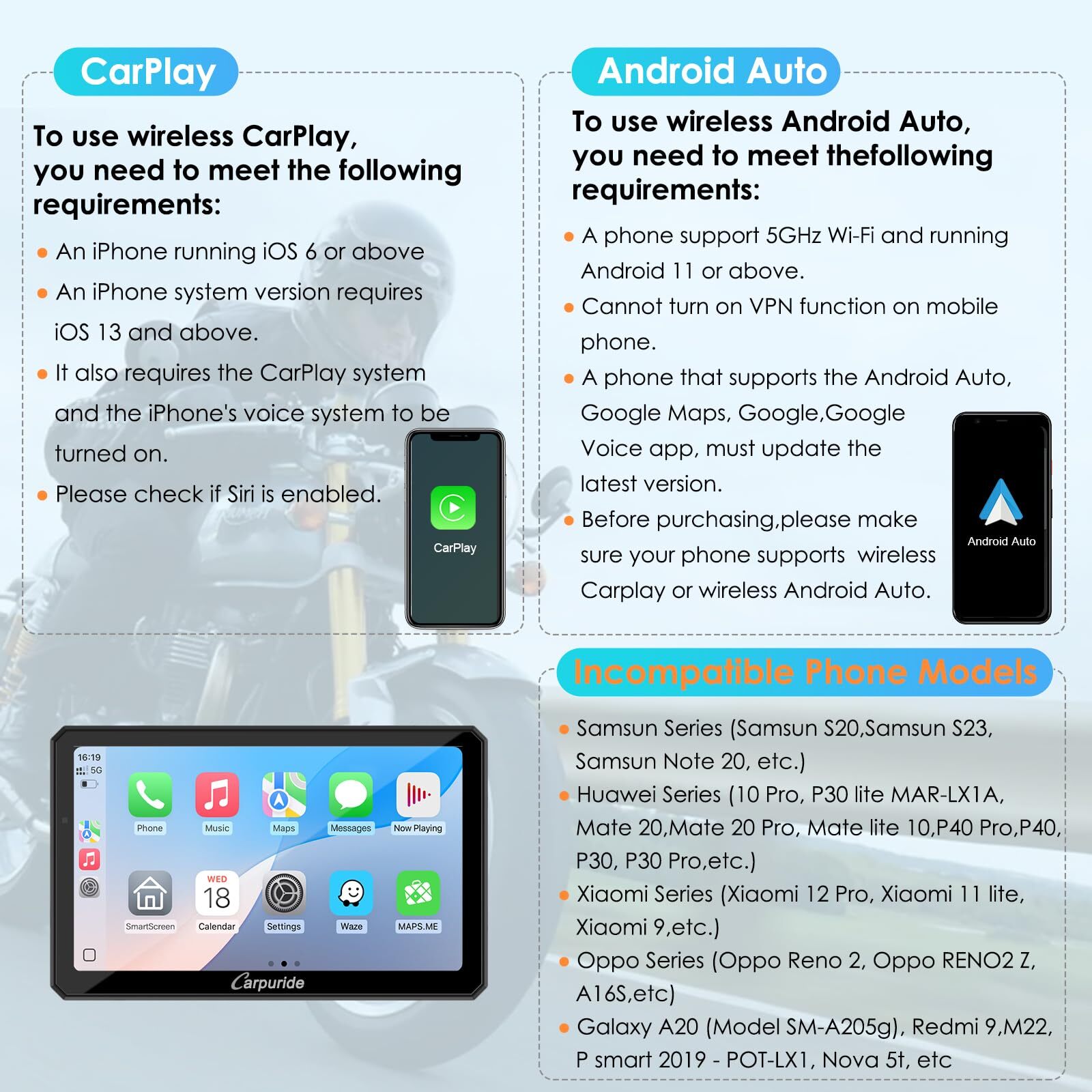 Carpuride W712D Moto CarPlay Android Auto Waterproof Touchscreen Wired Controlle