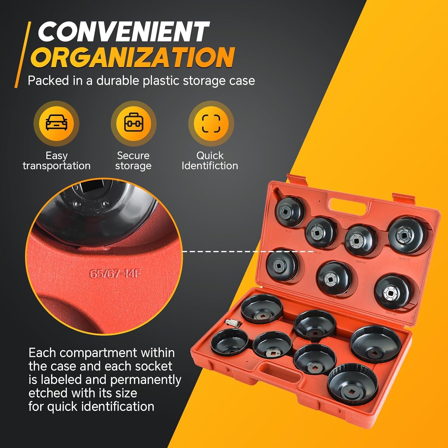 14Pcs Oil Filter Wrench Set Cup Type Removal Tool Socket Kit 1/2″ 3/8″ Adaptor